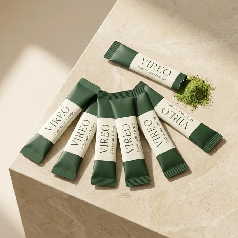 VIREO single-serve sachets on a stone counter