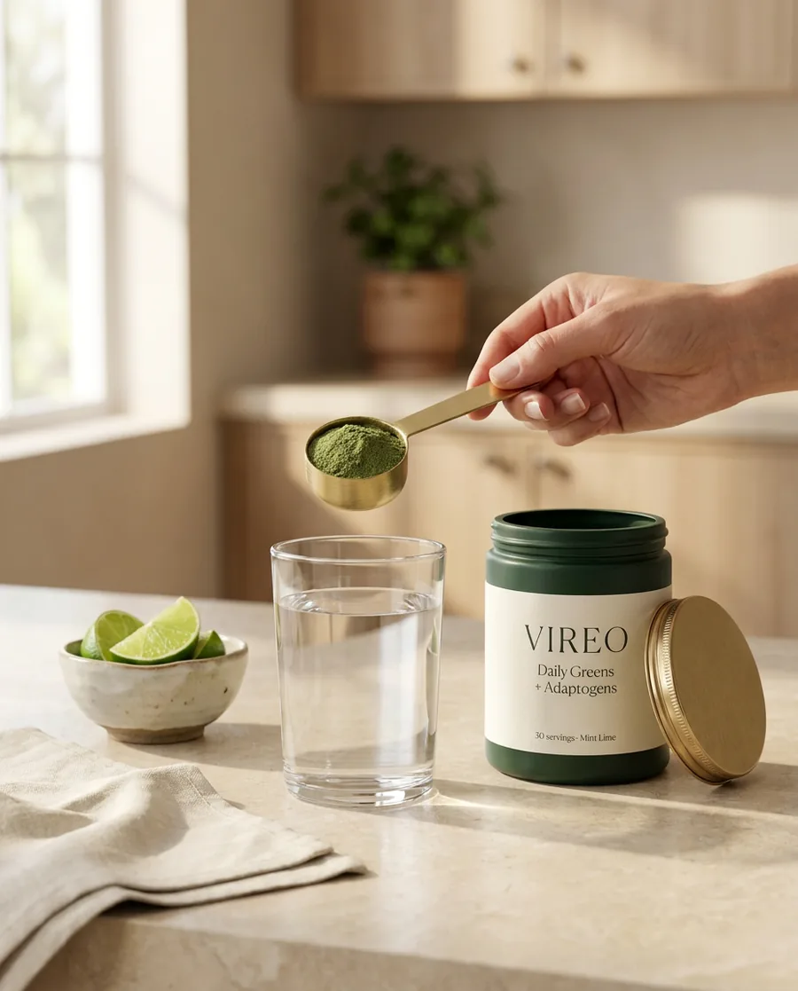A hand scooping green powder from a VIREO canister